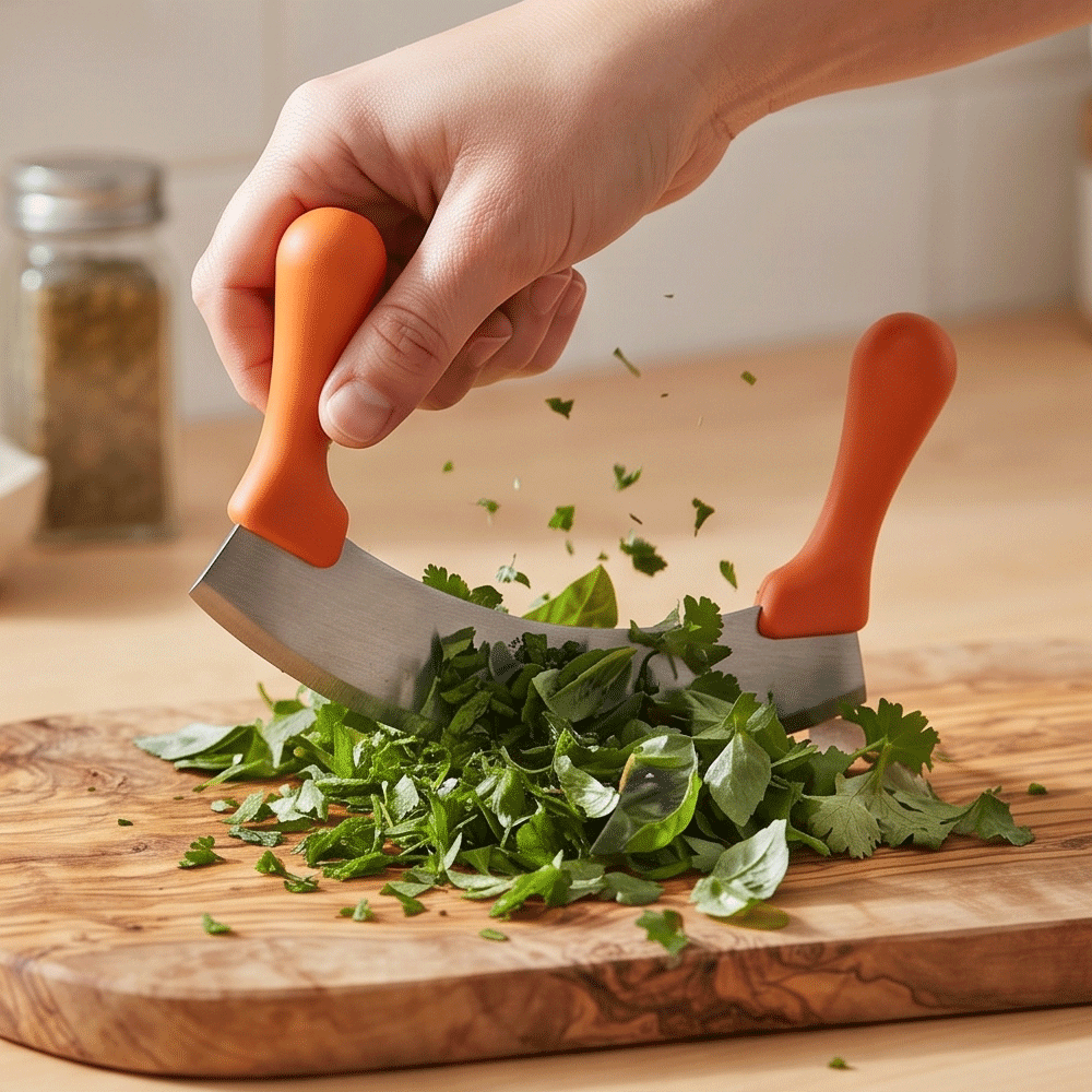 Stainless steel curved chopper for molokhia and other vegetables with two handles for easy control. - Image 2