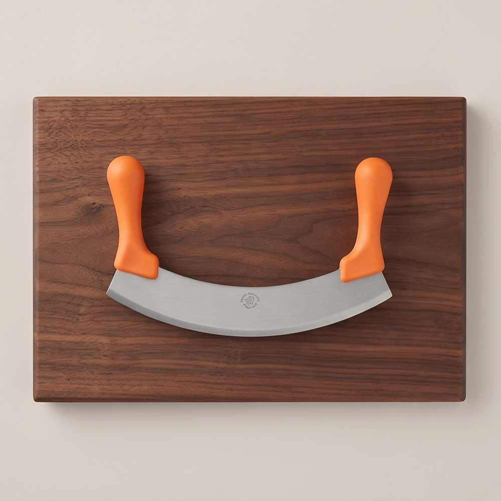 Stainless steel curved chopper for molokhia and other vegetables with two handles for easy control.