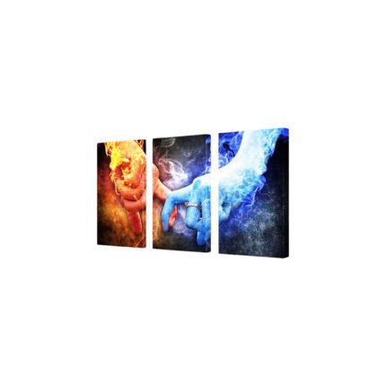 A modern, three-piece wooden artwork featuring a symbolic design of fire, water, and hands.