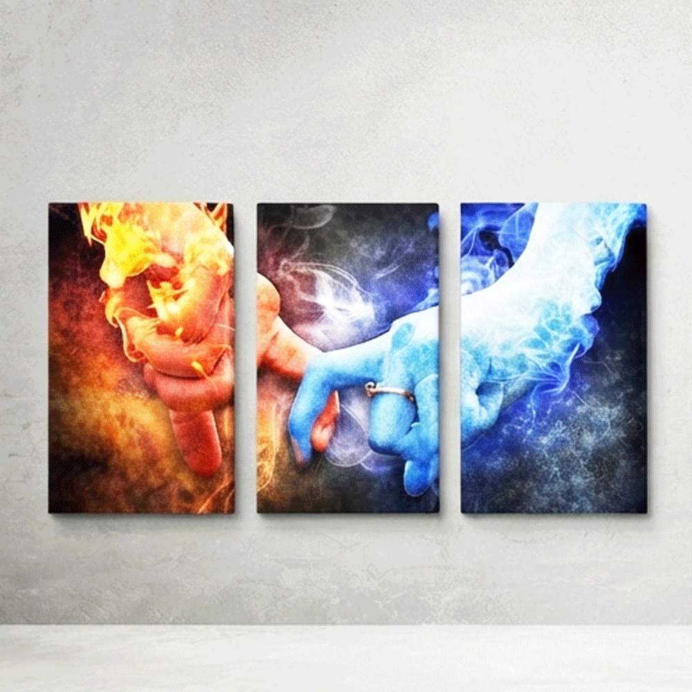 A modern, three-piece wooden artwork featuring a symbolic design of fire, water, and hands. - Image 5