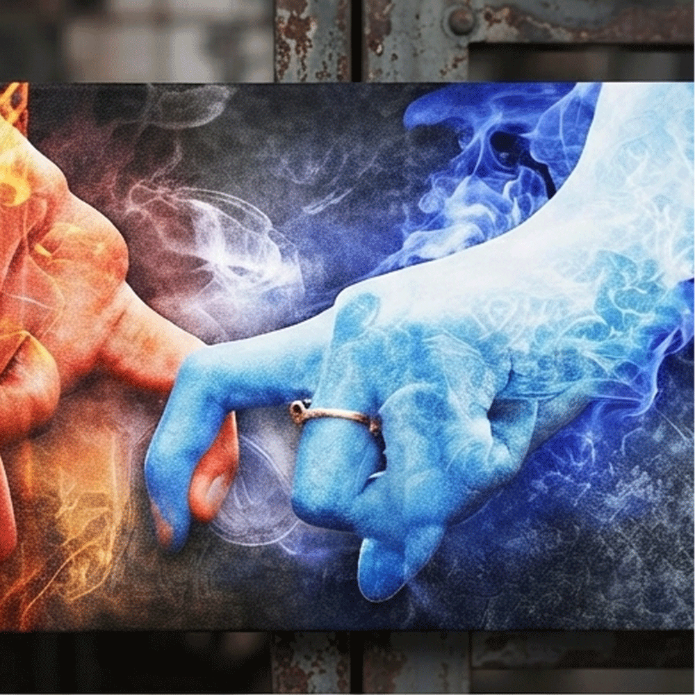 A modern, three-piece wooden artwork featuring a symbolic design of fire, water, and hands. - Image 4