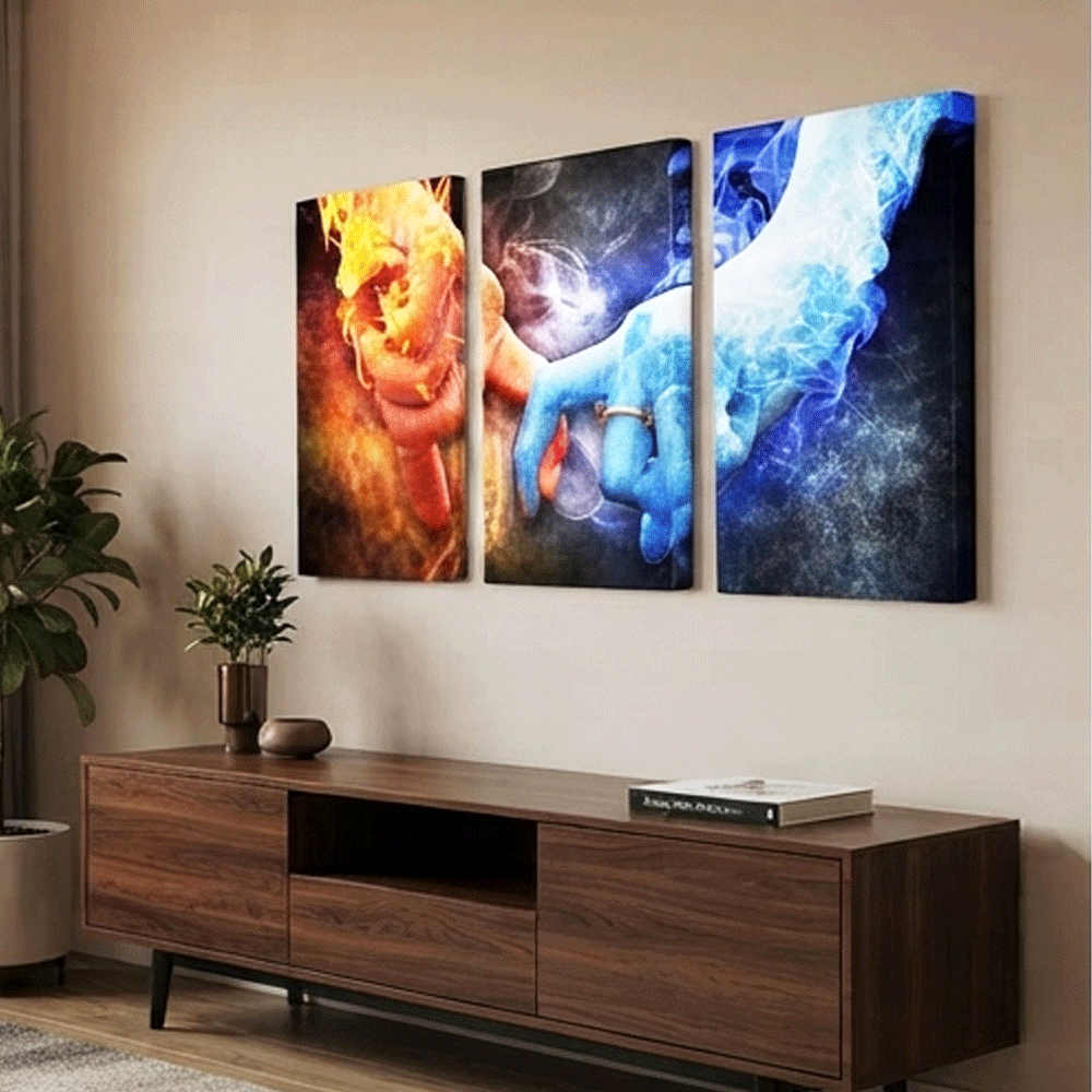 A modern, three-piece wooden artwork featuring a symbolic design of fire, water, and hands. - Image 3