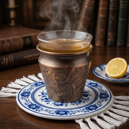 Handcrafted Copper Tea Cup Holder With Inner Clear Glass Vintage Oriental Mug