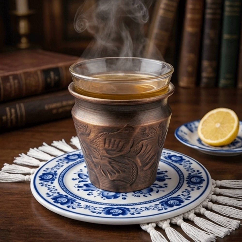 Handcrafted Copper Tea Cup Holder With Inner Clear Glass Vintage Oriental Mug