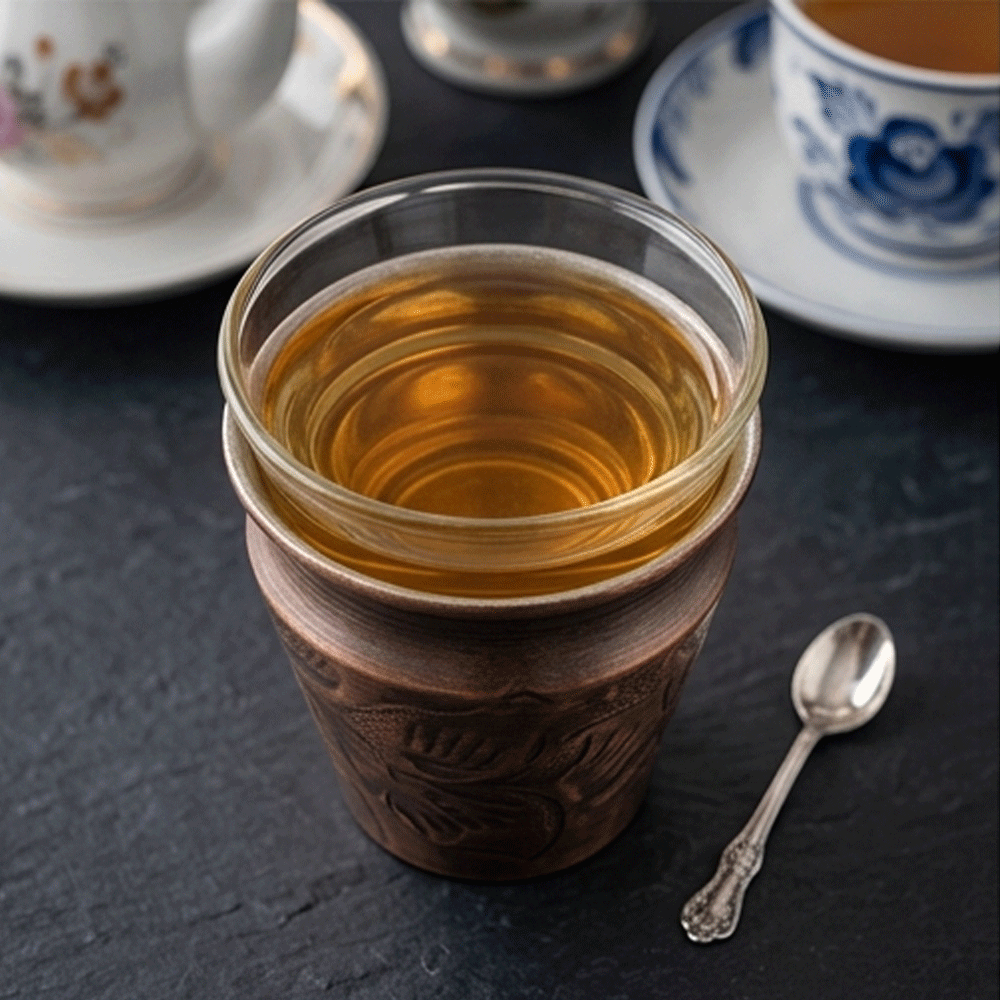 Handcrafted Copper Tea Cup Holder With Inner Clear Glass Vintage Oriental Mug - Image 2