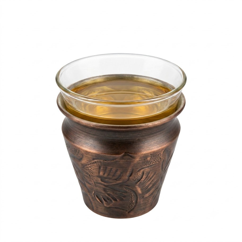 Handcrafted Copper Tea Cup Holder With Inner Clear Glass Vintage Oriental Mug - Image 4