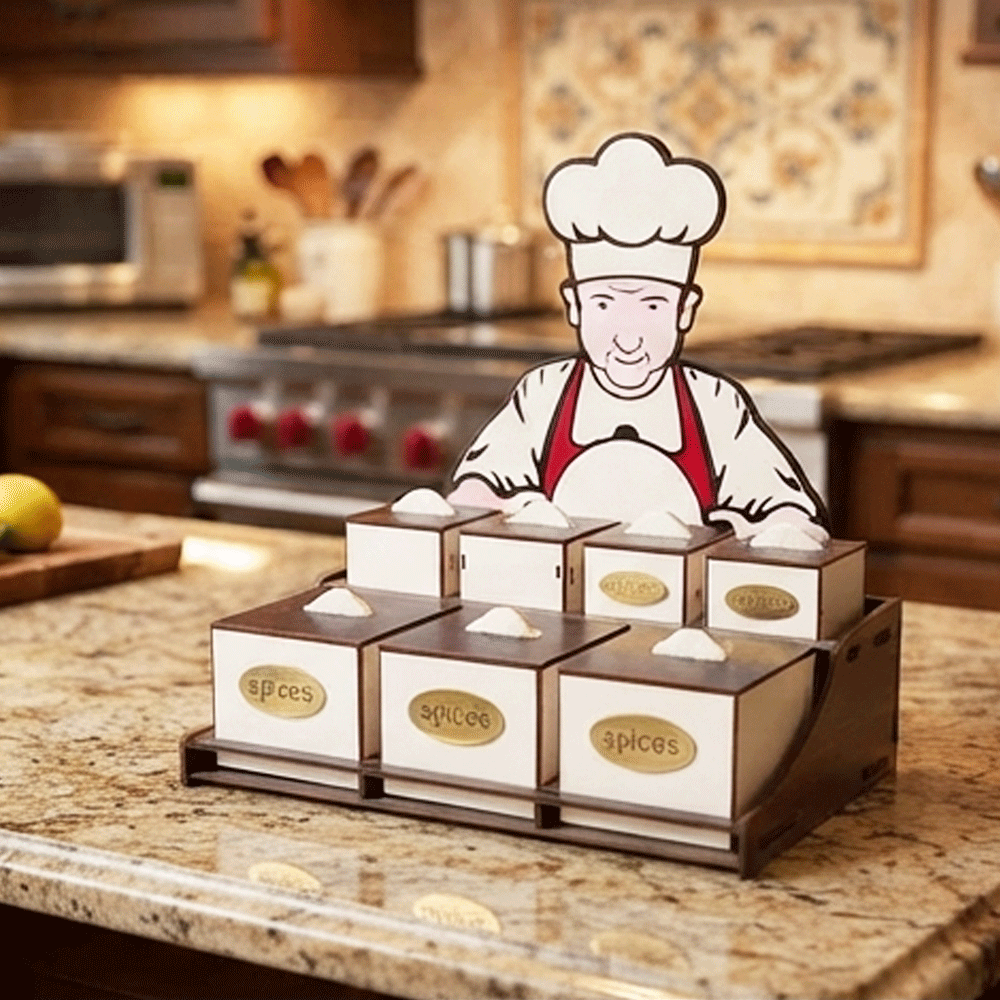 Wooden spice set, kitchen organizer, 7 jars on a two-tier stand, chef design