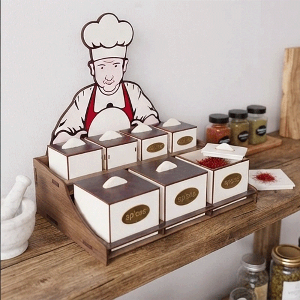 Wooden spice set, kitchen organizer, 7 jars on a two-tier stand, chef design - Image 2