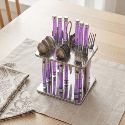 Stainless Steel Cutlery Flatware Set With Crystal Handles And Stand Holder Rack