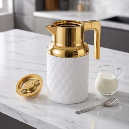 Luxury Thermal Flask White & Gold Insulated Coffee Tea Carafe Quilted Leather Design