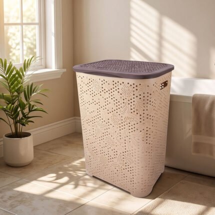 El Andalus Dantello Plastic Laundry Hamper Basket with Cover Lid and Handles
