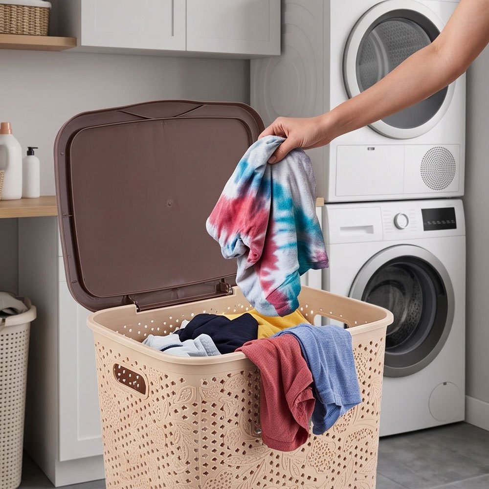 El Andalus Dantello Plastic Laundry Hamper Basket with Cover Lid and Handles - Image 4
