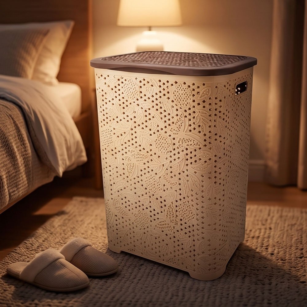 El Andalus Dantello Plastic Laundry Hamper Basket with Cover Lid and Handles - Image 3