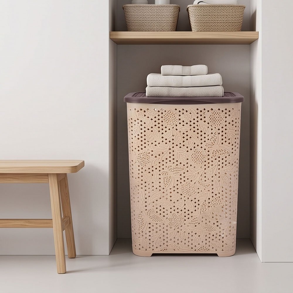 El Andalus Dantello Plastic Laundry Hamper Basket with Cover Lid and Handles - Image 2