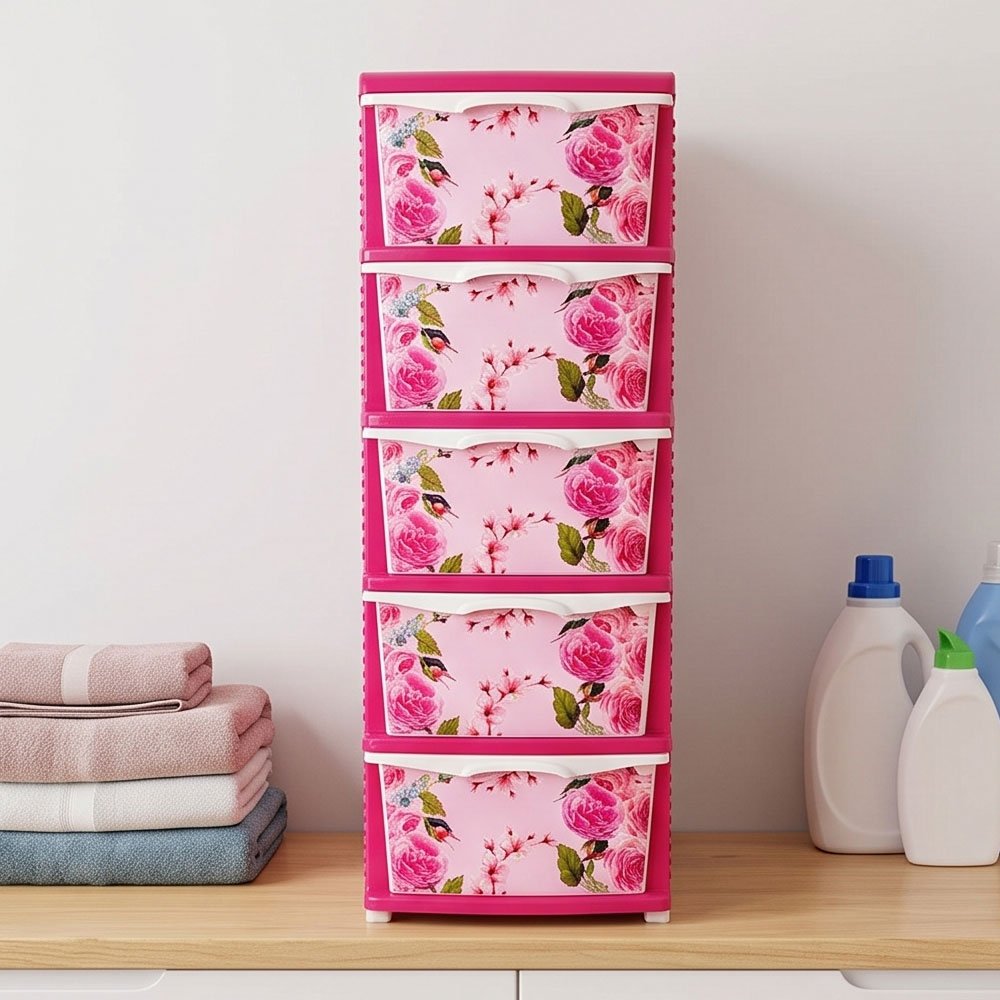 Al Andalus Sphinx 5 Drawer Plastic Storage Cabinet Organizers Tower - Pink - Image 2