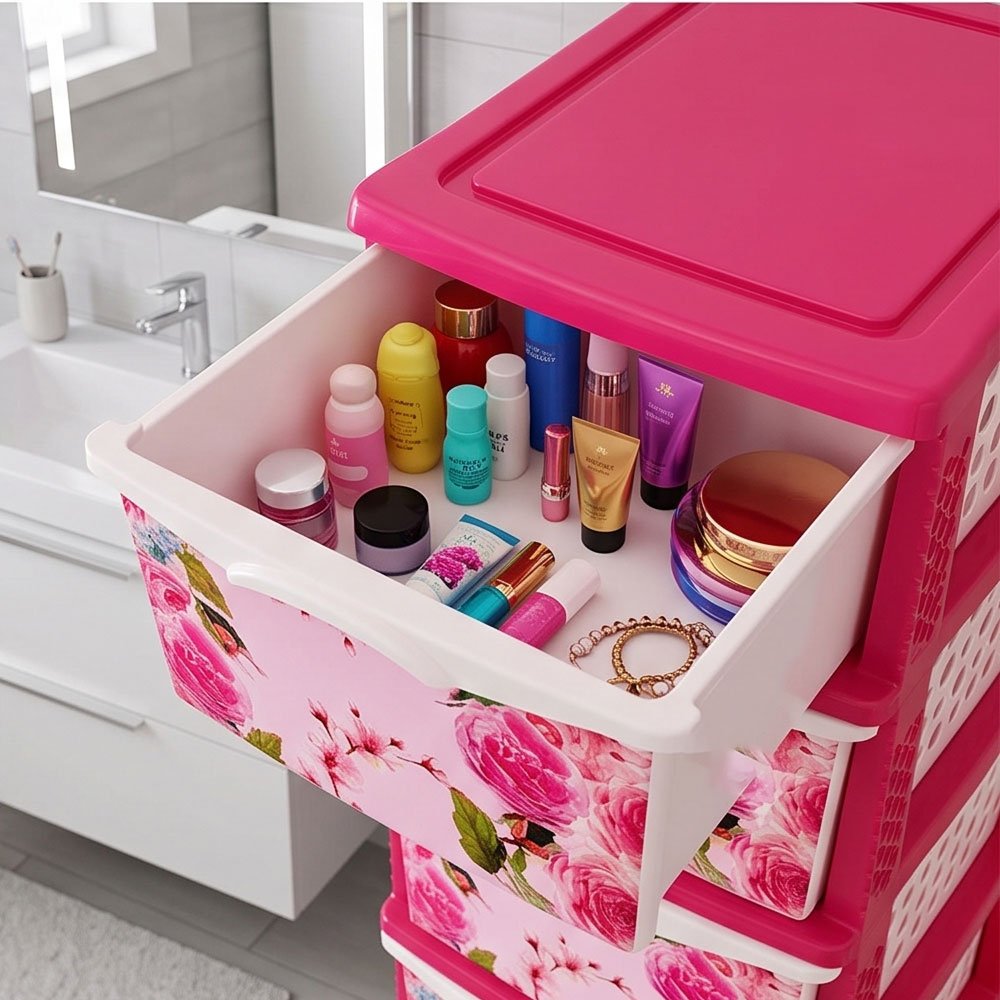 Al Andalus Sphinx 5 Drawer Plastic Storage Cabinet Organizers Tower - Pink - Image 4