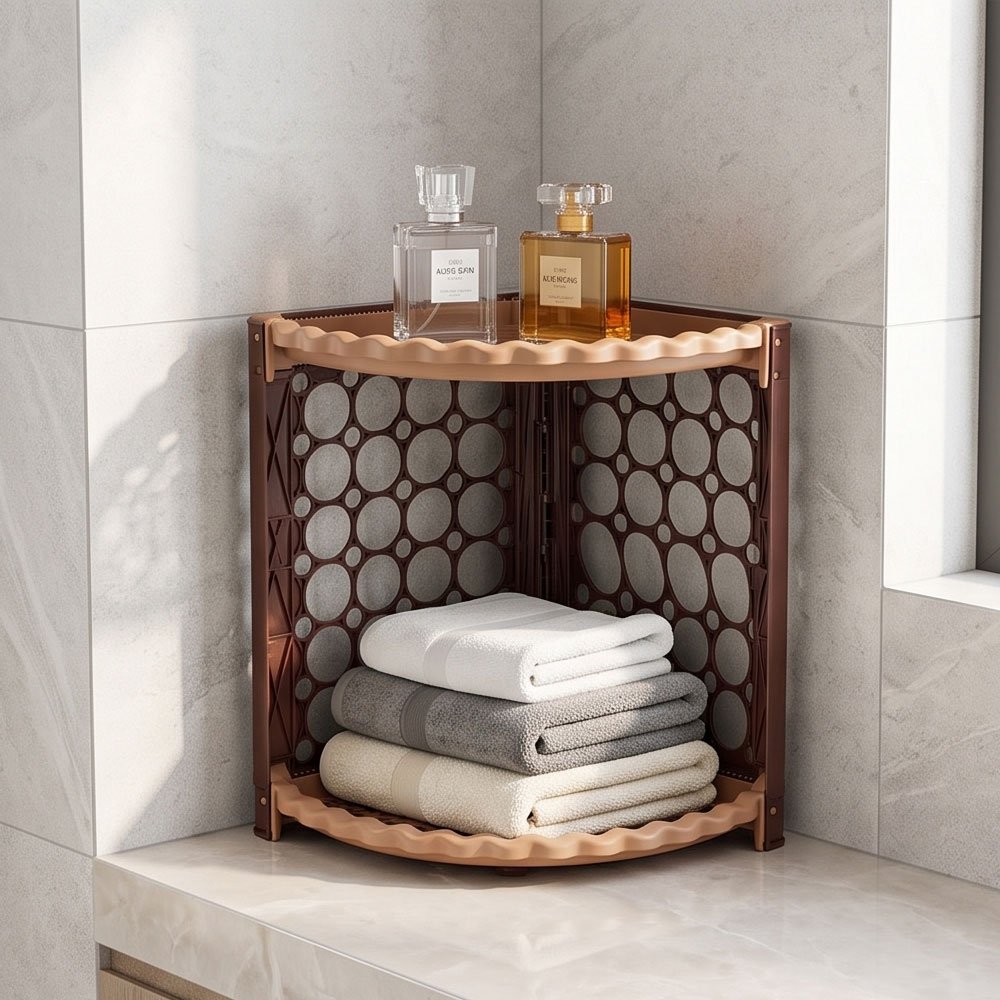 Corner plastic organizer, 2 tiers, for kitchen and bathroom, in brown and beige. - Image 3