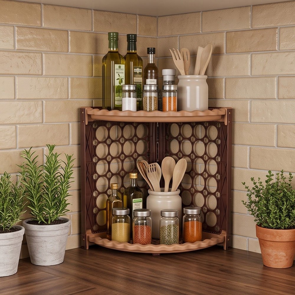 Corner plastic organizer, 2 tiers, for kitchen and bathroom, in brown and beige. - Image 4