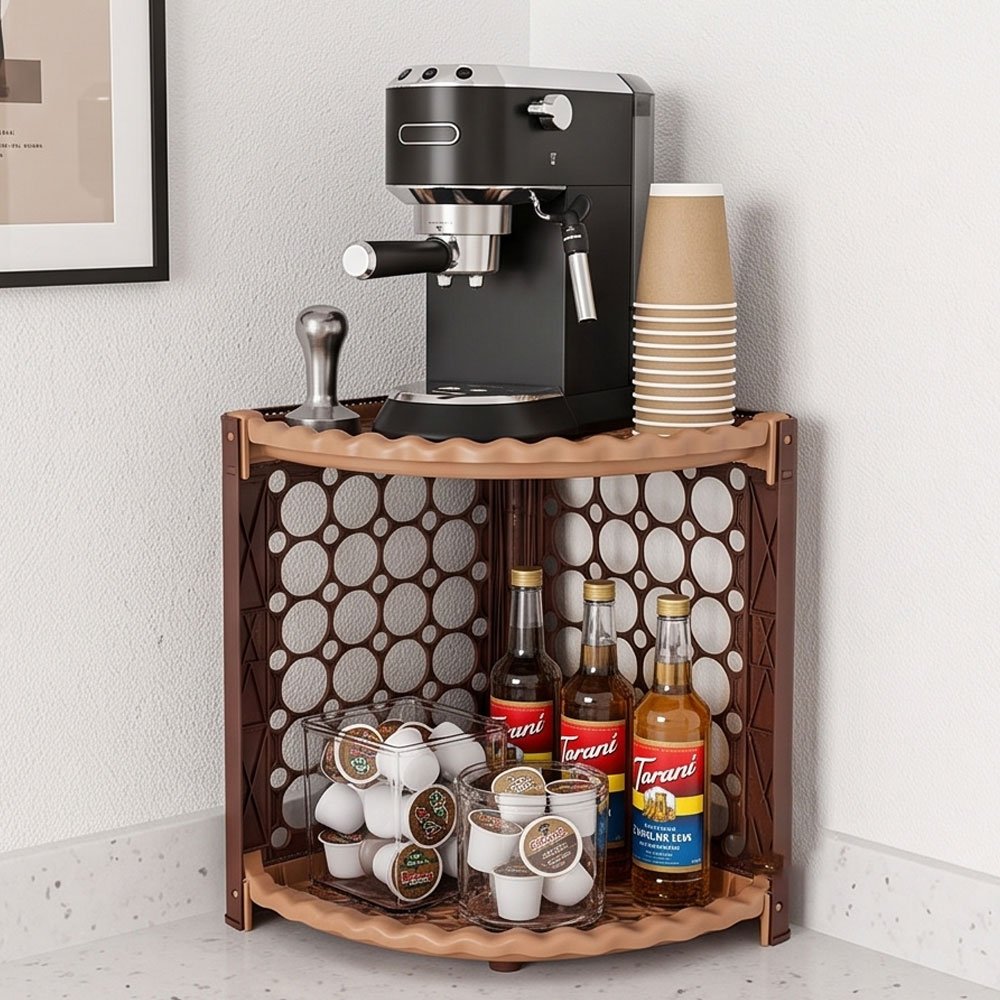 Corner plastic organizer, 2 tiers, for kitchen and bathroom, in brown and beige. - Image 2