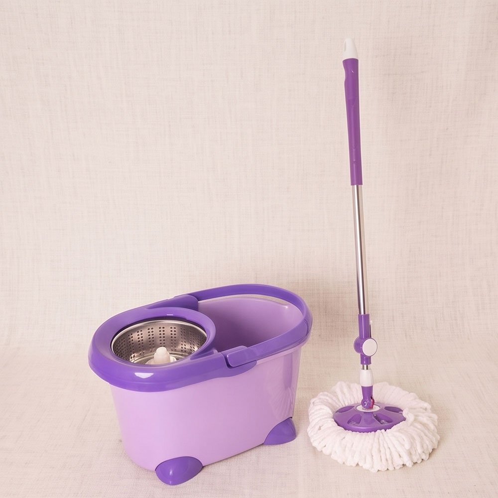 Purple stainless steel mop bucket with 360-degree rotating mop head and wringer