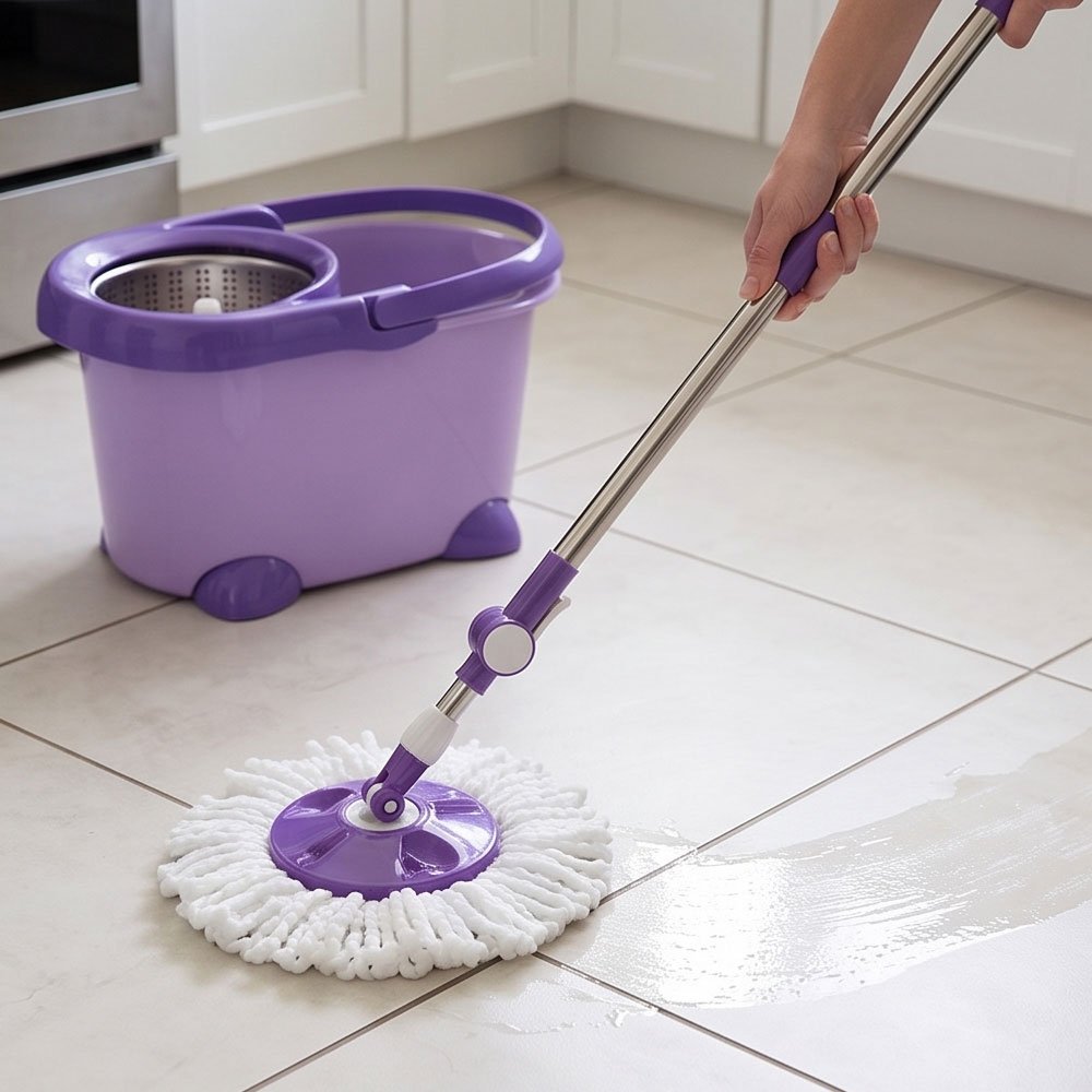 Purple stainless steel mop bucket with 360-degree rotating mop head and wringer - Image 3