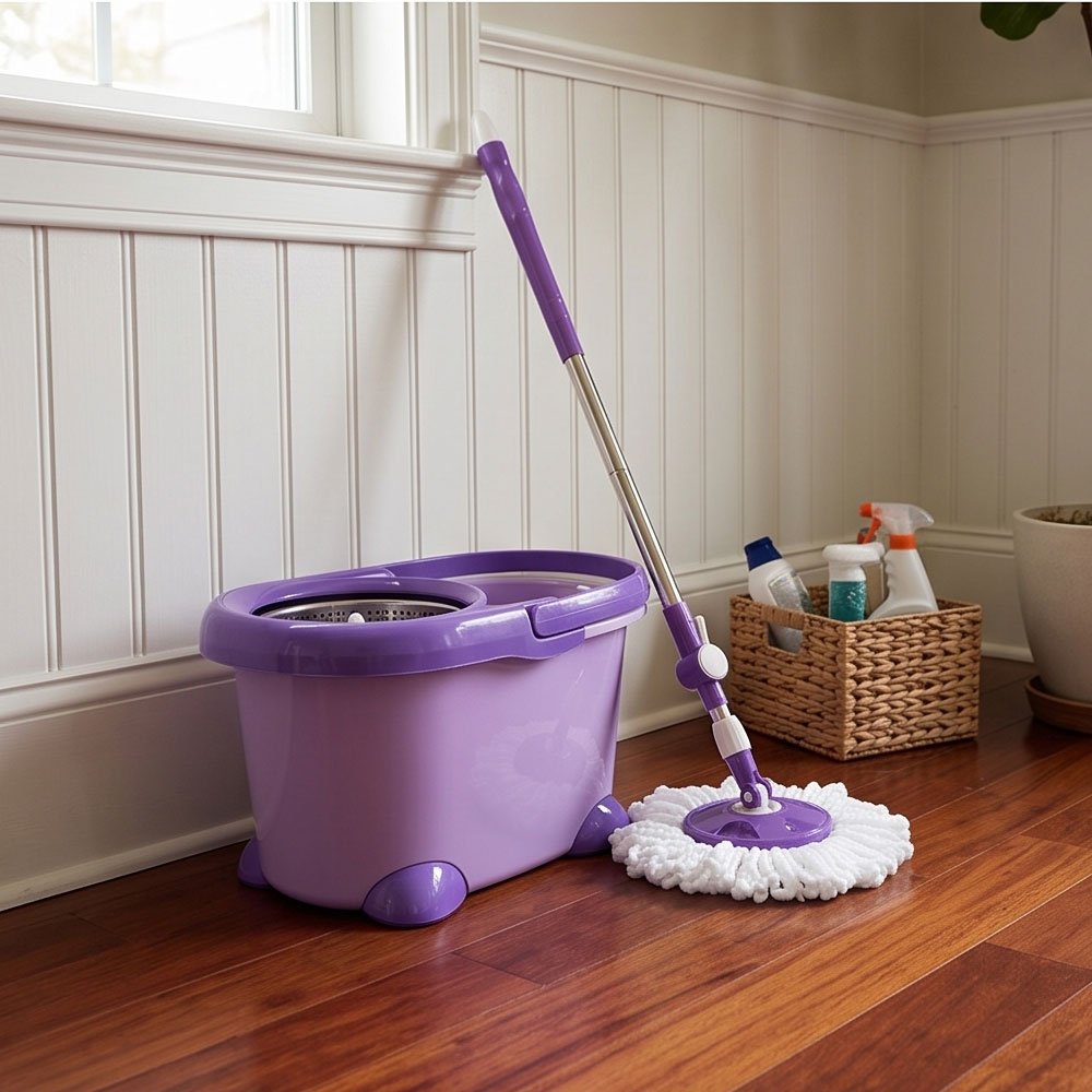 Purple stainless steel mop bucket with 360-degree rotating mop head and wringer - Image 4