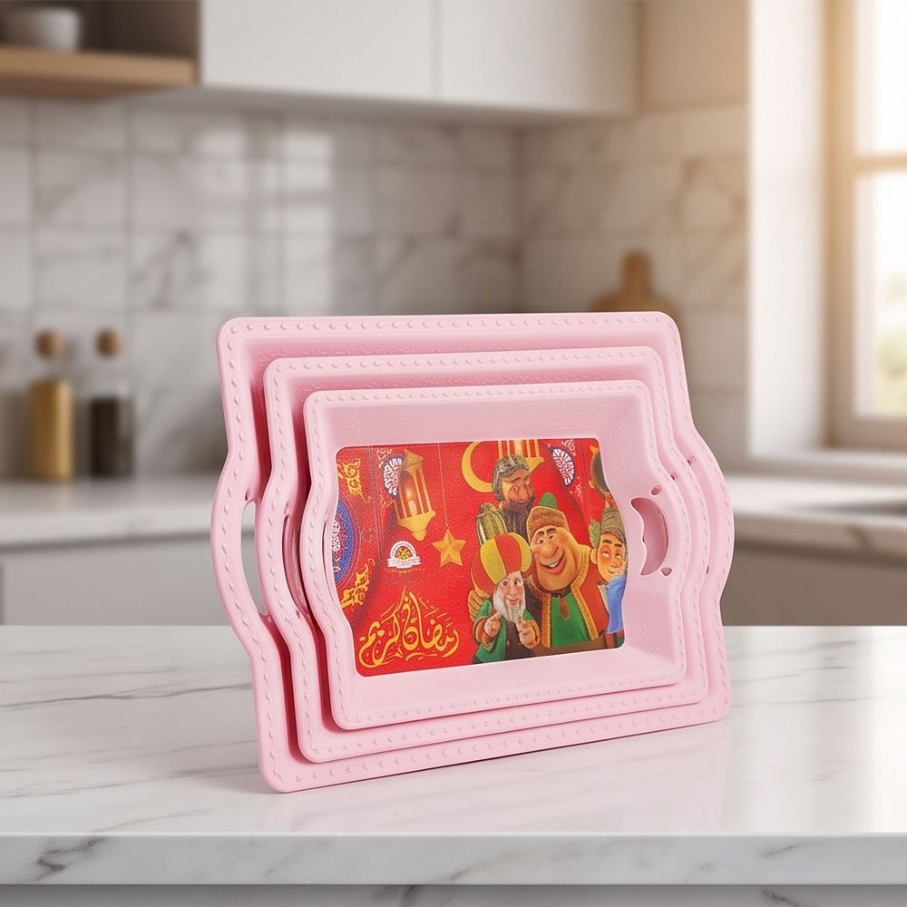 3-piece plastic serving tray set with handles and Ramadan-themed designs in pink