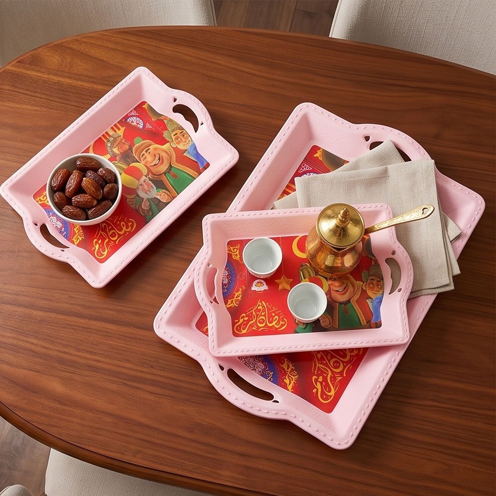 3-piece plastic serving tray set with handles and Ramadan-themed designs in pink - Image 4