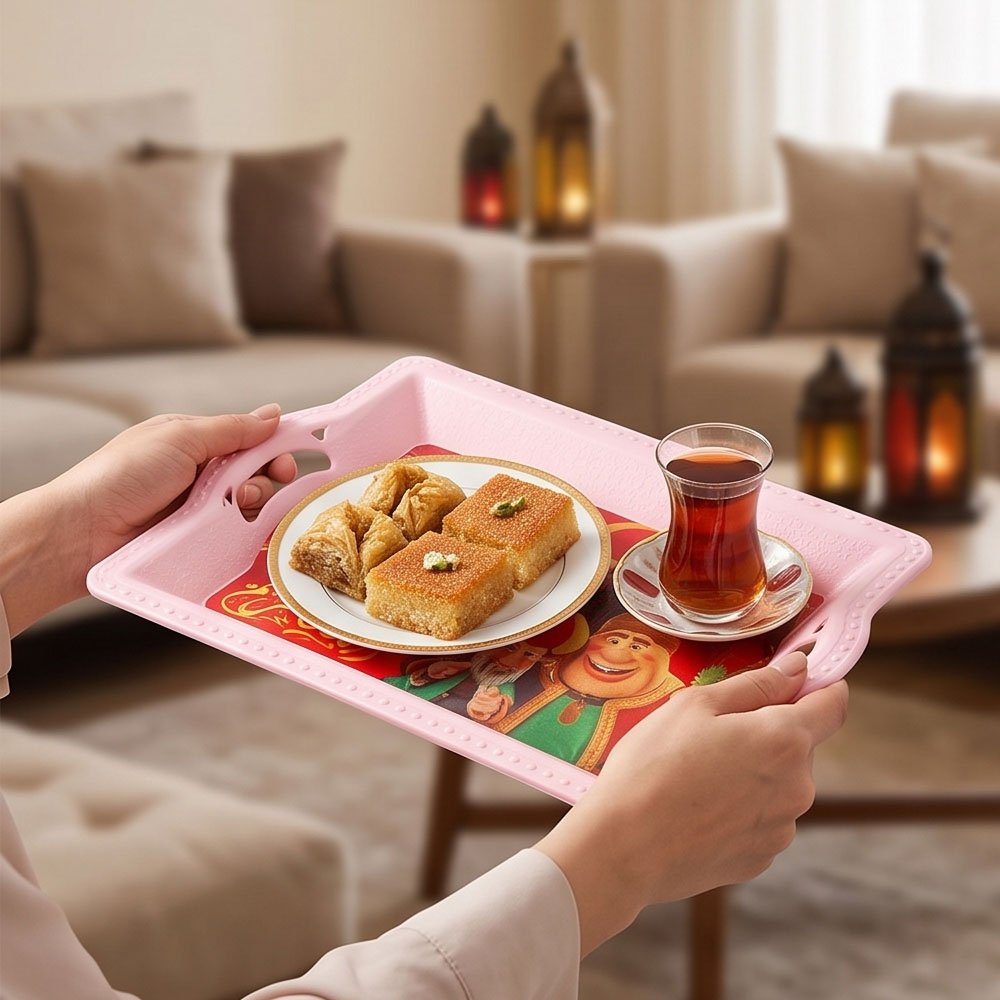 3-piece plastic serving tray set with handles and Ramadan-themed designs in pink - Image 5