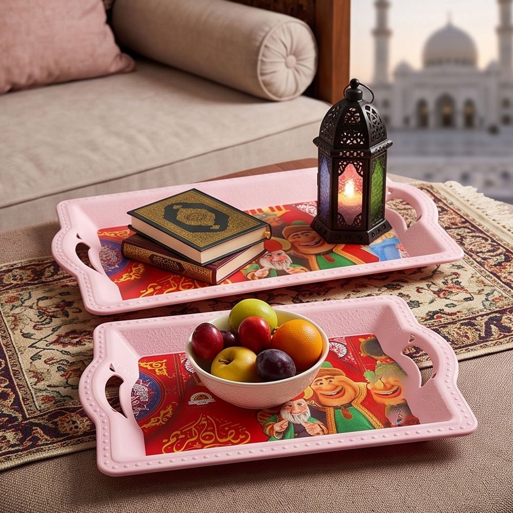 3-piece plastic serving tray set with handles and Ramadan-themed designs in pink - Image 3