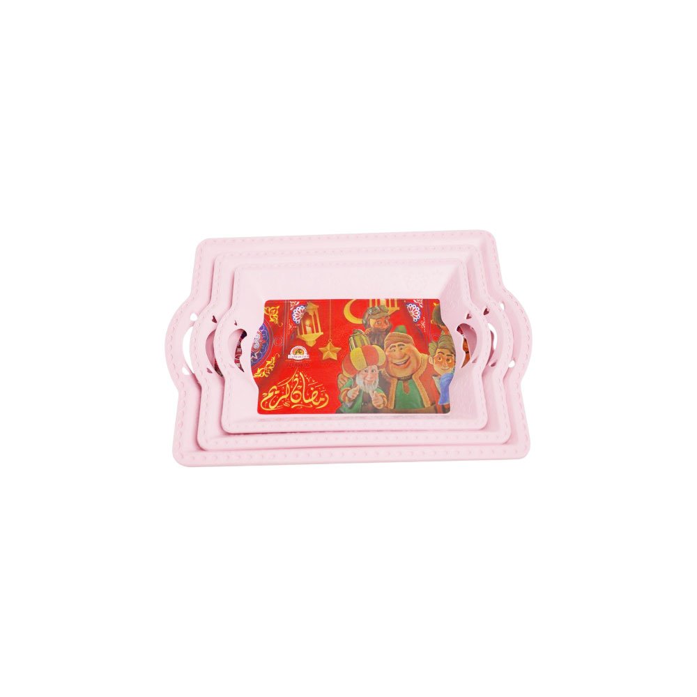 3-piece plastic serving tray set with handles and Ramadan-themed designs in pink - Image 2