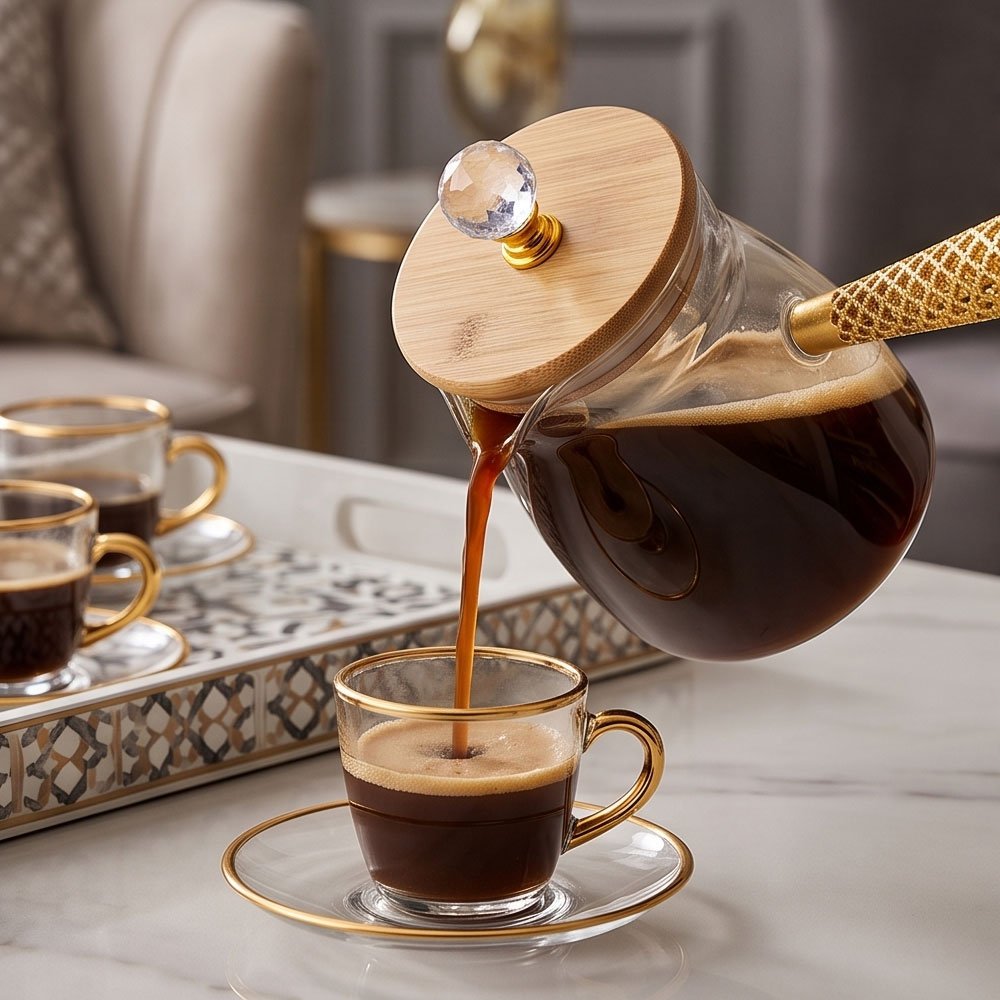 كنكة قهوة زجاج بايركس حراري كبيرة بغطاء خشب ومقبض ذهبي مفرغ فاخر لتحضير القهوة - الصورة 2