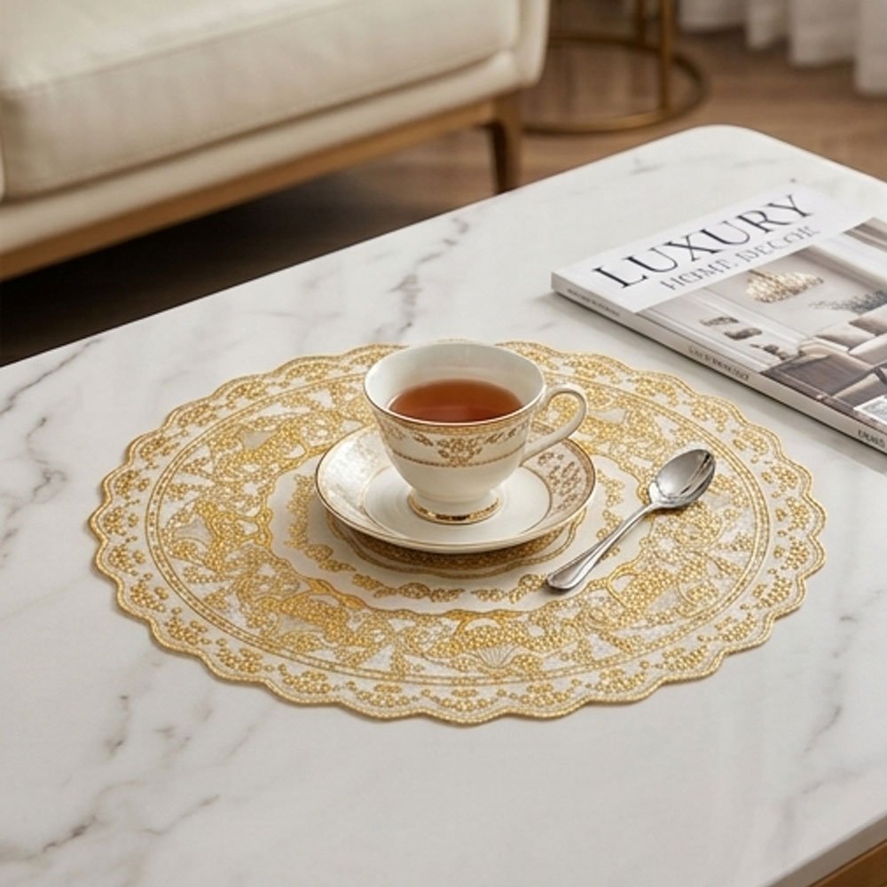 Round Golden Lace Table Mat Placemat Doily Cover For Buffet Niche Decoration - Image 4