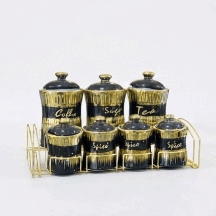 7-piece ceramic spice set on a luxurious black and gold metal stand