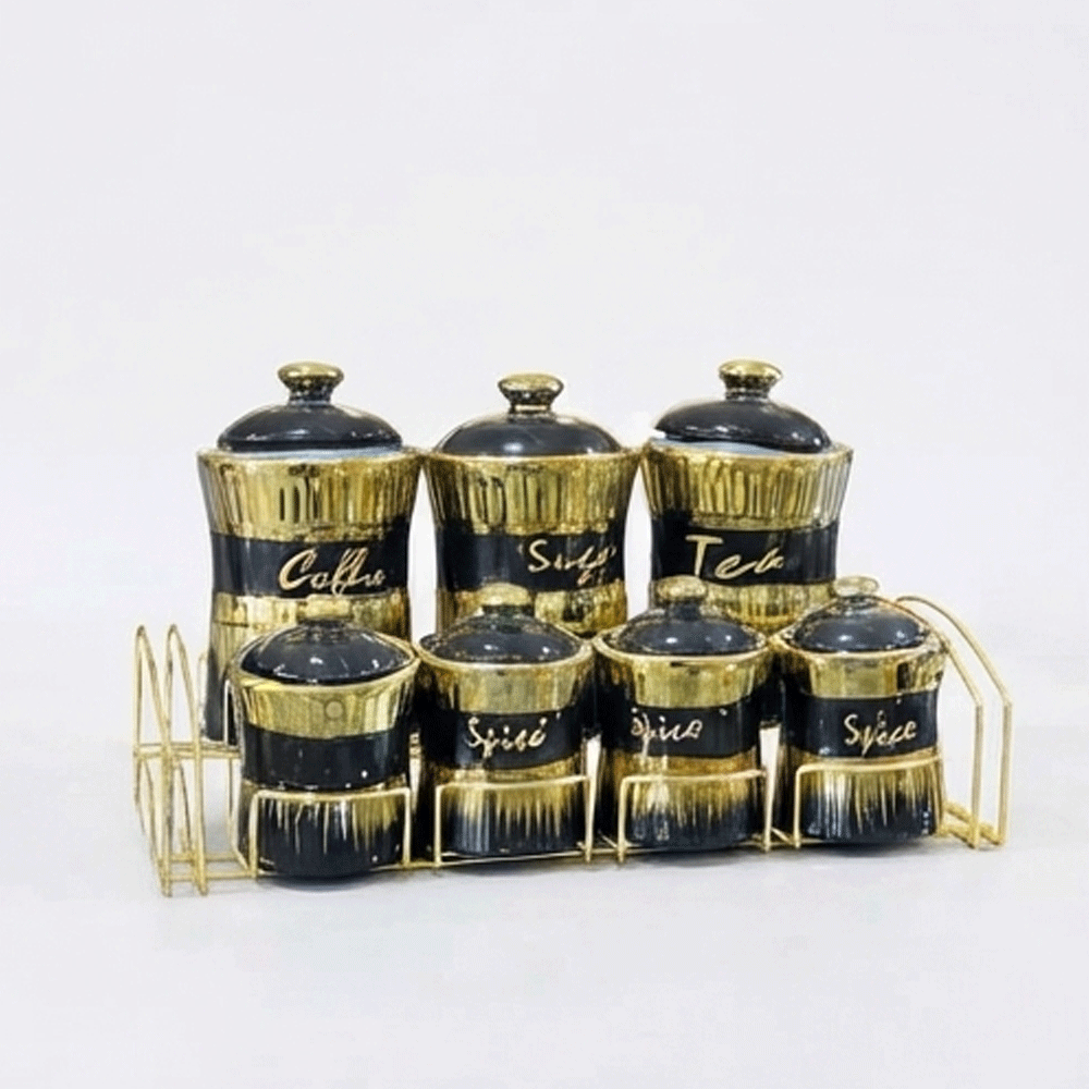 7-piece ceramic spice set on a luxurious black and gold metal stand
