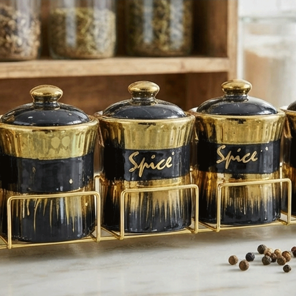 7-piece ceramic spice set on a luxurious black and gold metal stand - Image 2
