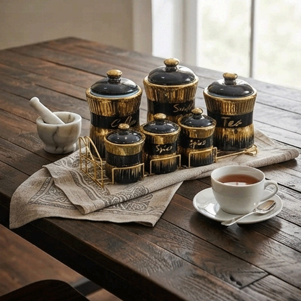 7-piece ceramic spice set on a luxurious black and gold metal stand - Image 4