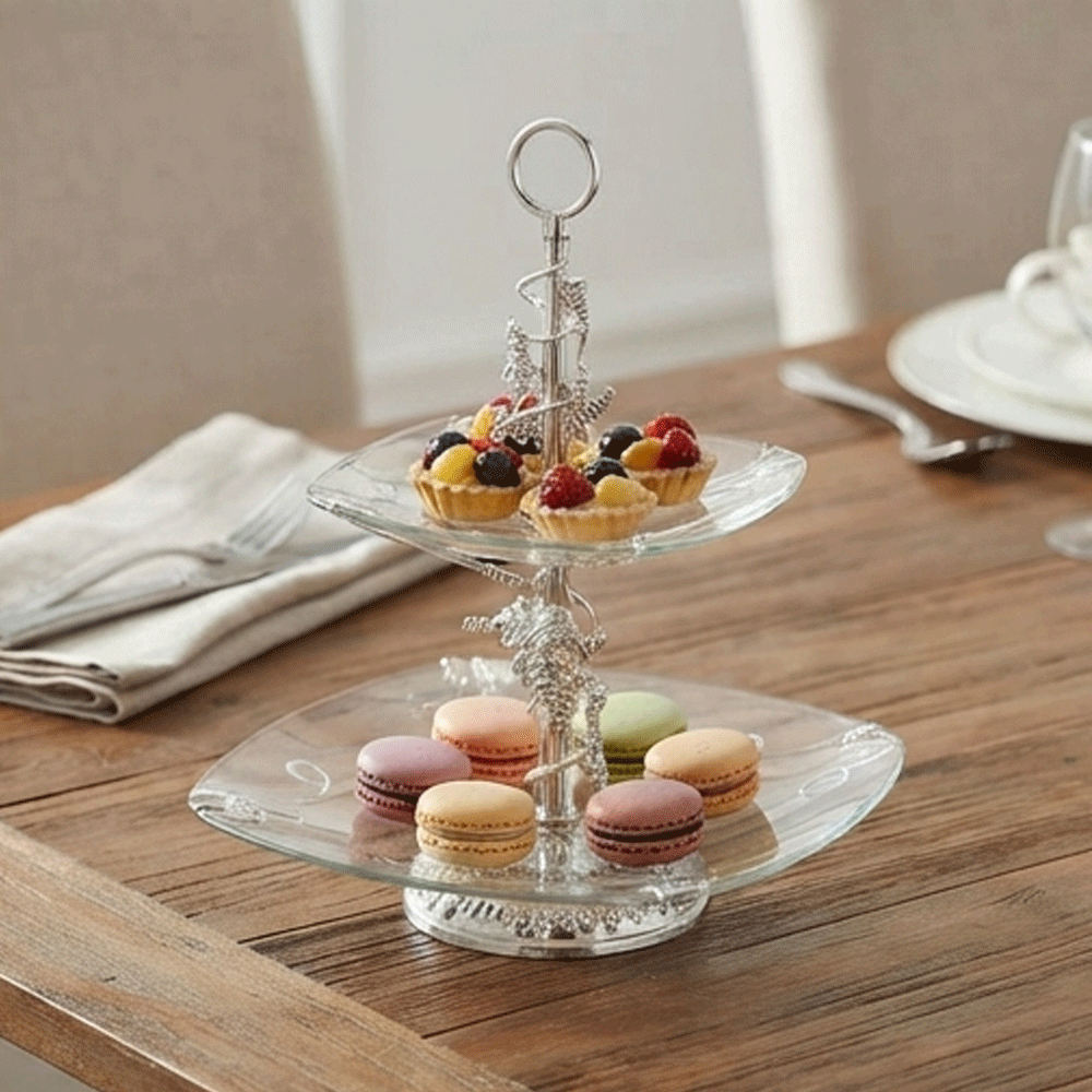 Two-tier glass cake and dessert stand with a stand and luxurious silver-colored metal details - Image 3