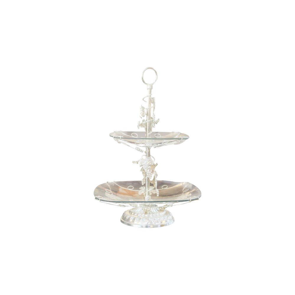 Two-tier glass cake and dessert stand with a stand and luxurious silver-colored metal details