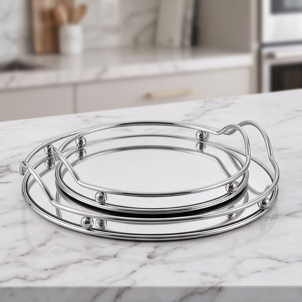 Round Mirror Serving Tray Set Silver Metal Frame Side Handles Luxury Home Decor - Image 2