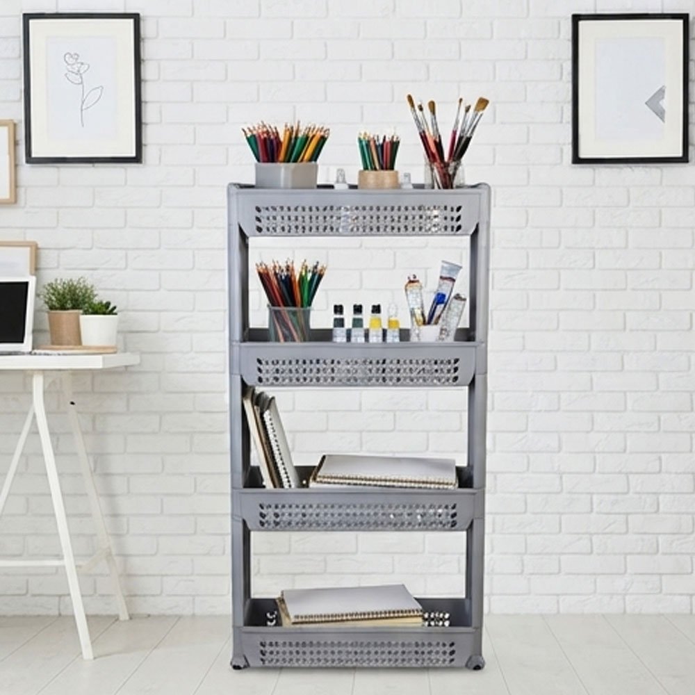 4-Tier Rectangular Plastic Trolley Organizer for Bathroom and Kitchen, Gray - Image 3