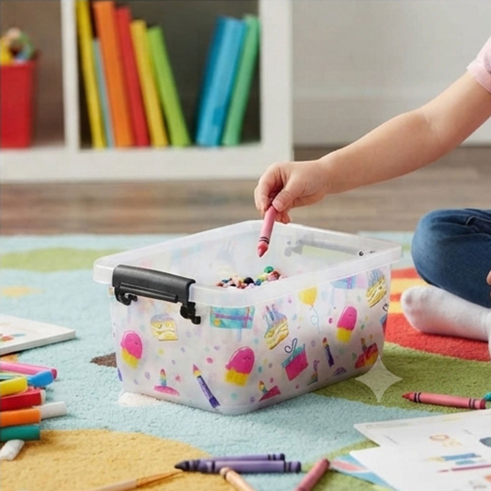 Plastic organizer box with lid and two locks, size 3, with a cheerful cartoon pattern. - Image 3