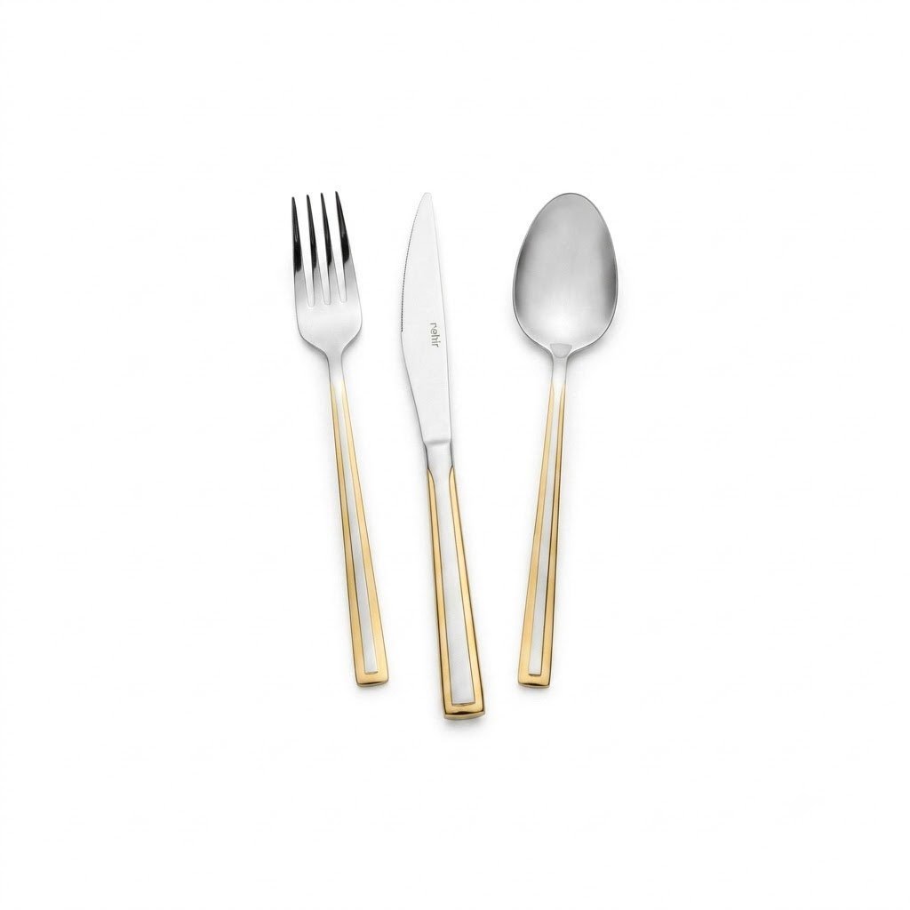 Stainless steel cutlery set (spoons, forks, and knives) in a luxurious modern design, available in silver and gold. 89 pieces. - Image 5