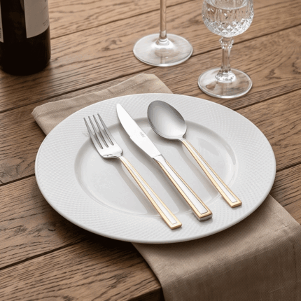 Stainless steel cutlery set (spoons, forks, and knives) in a luxurious modern design, available in silver and gold. 89 pieces.