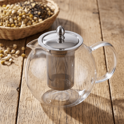 Pyrex thermal glass teapot, spherical, with strainer and stainless steel lid, rust-resistant, 950ml