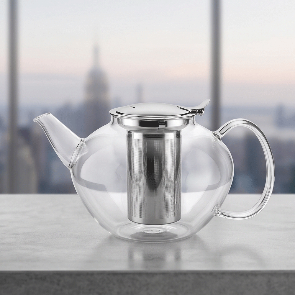 Pyrex oval thermal glass teapot with infuser and attached stainless steel lid, 1400 ml - Image 4