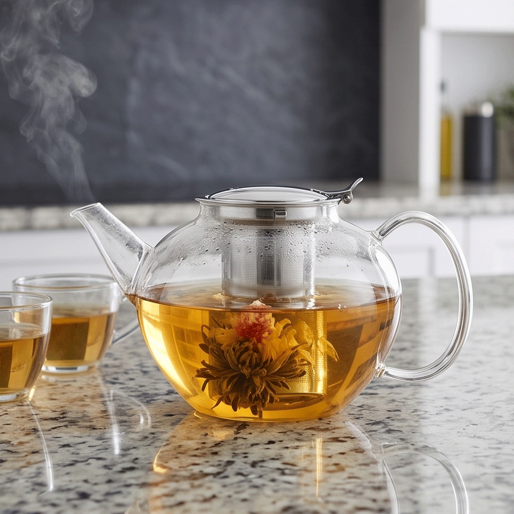Pyrex oval thermal glass teapot with infuser and attached stainless steel lid, 1400 ml