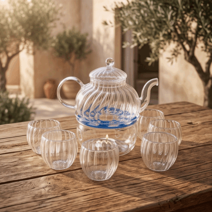 8-piece Pyrex ribbed glass tea and flower set: teapot with infuser, warmer, and 6 cups