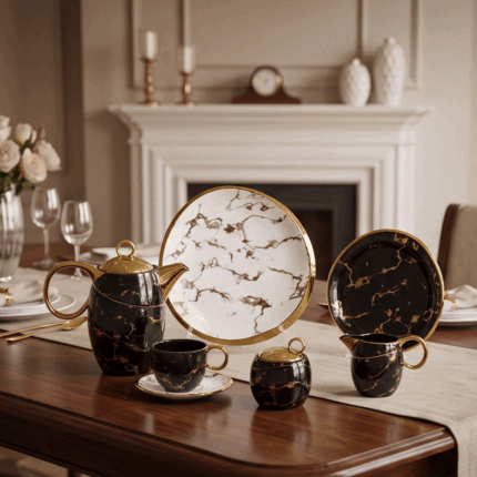 Luxury marble porcelain tea and coffee set with gold accents for the table - 24 pieces