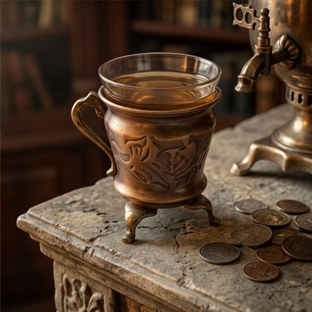 Handcrafted Brass Footed Copper Coffee Tea Cup Holder With Inner Glass Cup - Image 3